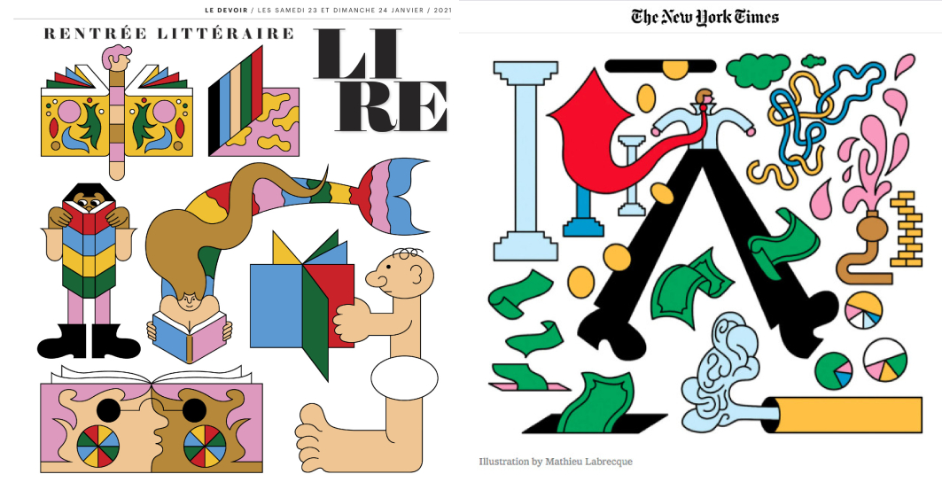 Couverture du magazine Lire, Le Devoir et illustration éditoriale pour The New York Times, Mathieu Labrecque
