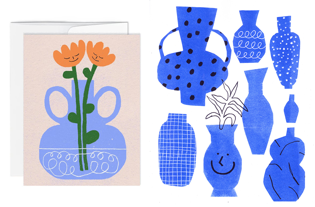 Carte de souhait, Paperole et Blue vases, affiche, impression en risographie, Amélie Lehoux