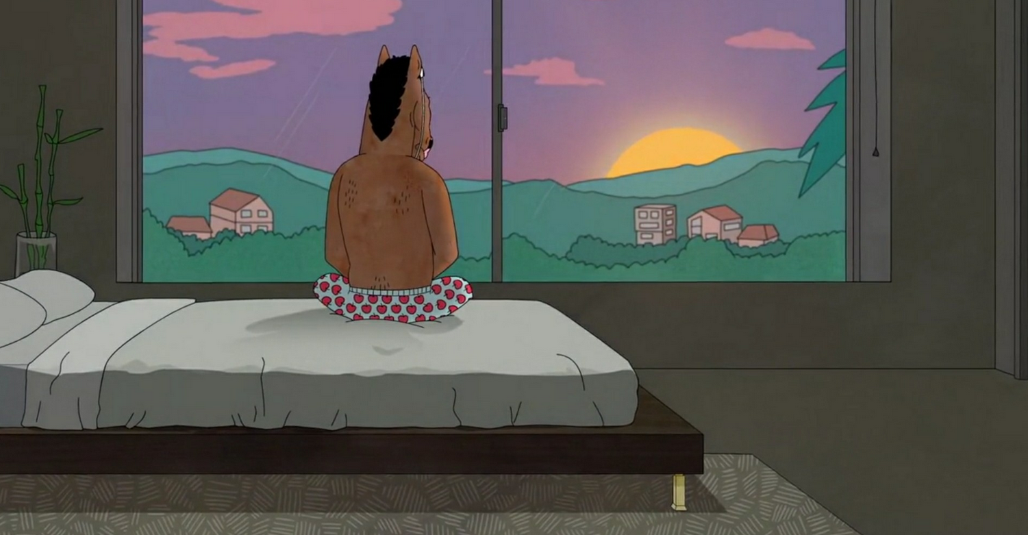 BoJack Horseman, personnage de cheval animé, est assis sur son lit.