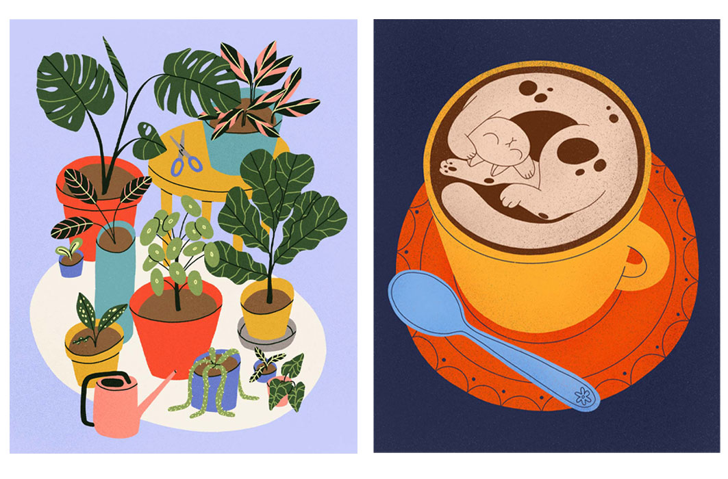 Deux illustrations de Stéphanie Savard : des chats et des plantes.