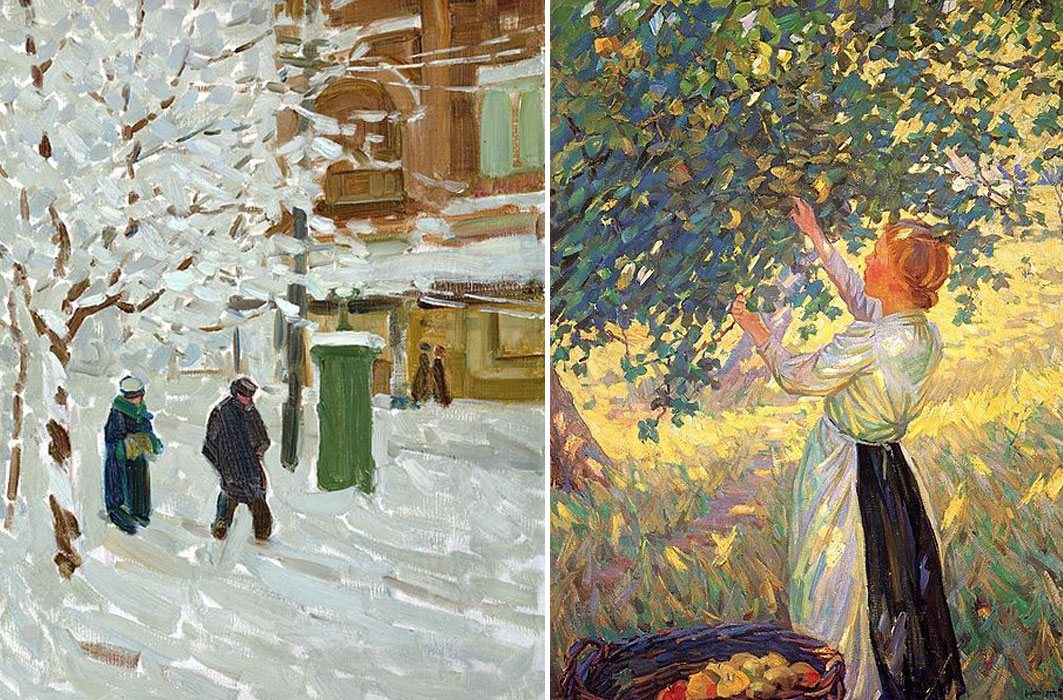Les toiles Montréal en hiver et The Apple Gatherer de l'artiste canadienne Helen McNicoll.