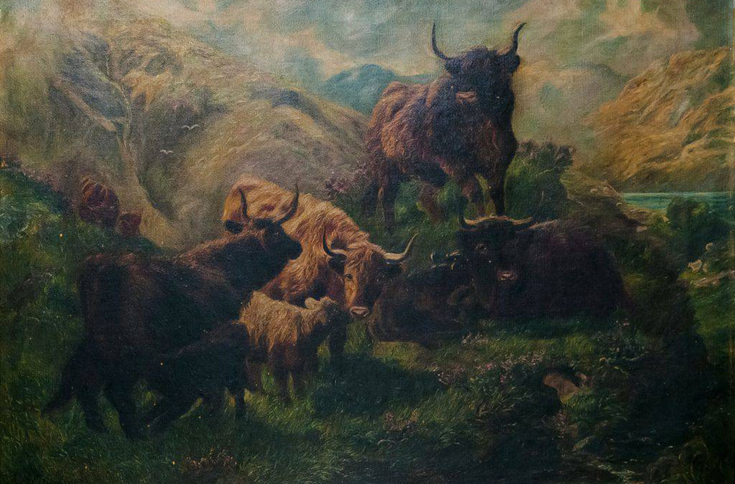 La toile Sans titre de Edith Hester Macdonald-Brown réalisée en 1906. Des vaches en pâturage dans un décor naturel pittoresque.