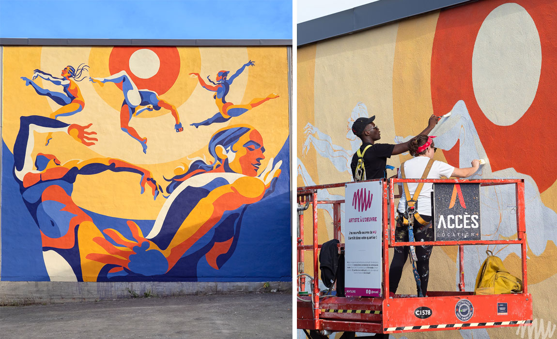 Deux photos de la murale réalisée à l'occasion du 50e anniversaire de Ballets Jazz Montréal.