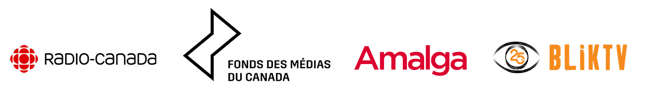 Logos de Radio-Canada, Fonds des médias du Canada, Amalga et Blik TV.